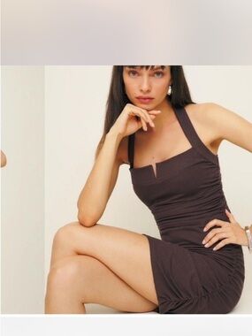 Reformation Brown Ruched Halter Mini Dress